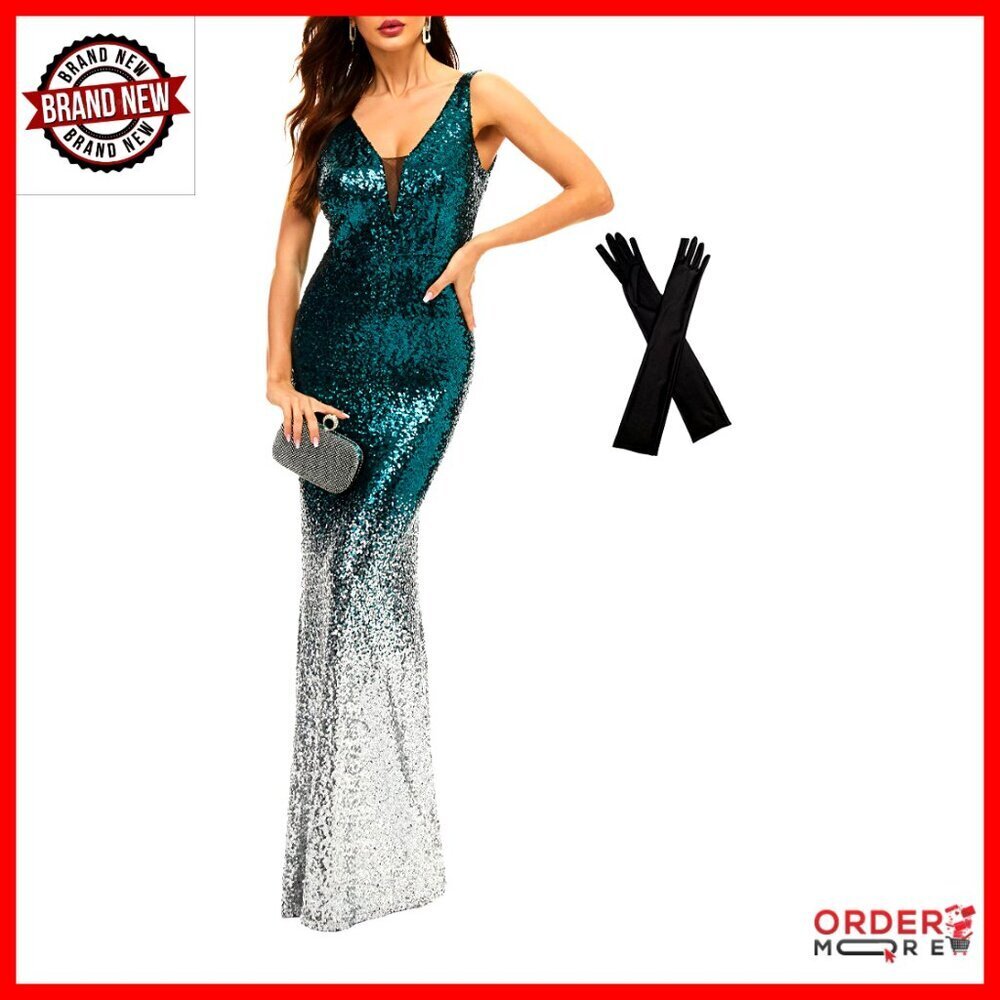 Plus Size Sequin Mermaid Prom Dress V Neck Long Maxi Evening Gown